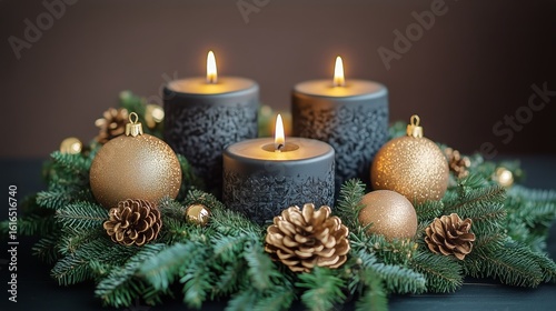 Elegant Holiday Centerpiece Featuring Candles, Ornaments, and Greenery in War...