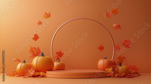 Warm Autumn Setting With Pumpkins and Orange Leaves Creating a Vibrant Season...