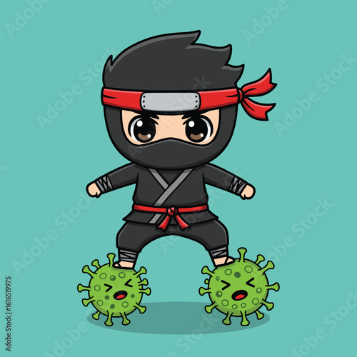 Cute cartoon ninja standing on coronavirus germs with determined expression vector illustration