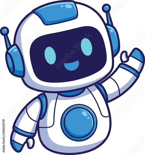 Friendly cartoon robot waving hello with blue accents and a happy expression vector illustration