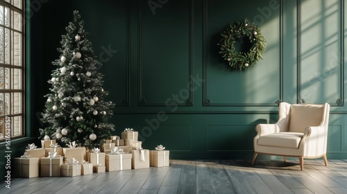 Festive Christmas Corner With Decorated Tree, Gifts, and Cozy Armchair in a G...