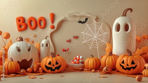Colorful Halloween Decorations With Pumpkins, Leaves, and Spiders on a Light ...