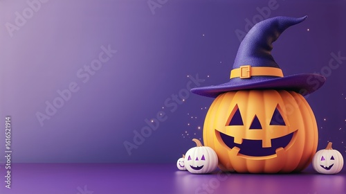 Halloween Pumpkin With Witch Hat Glowing on a Purple Surface During Spooky Se...