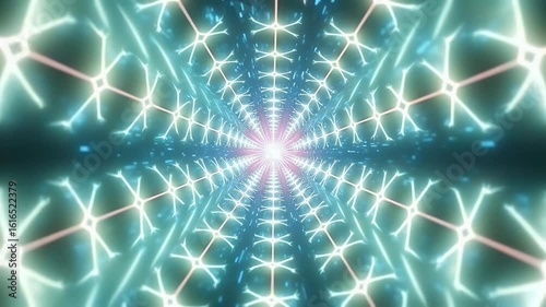 Hypnotise audiences clubs VR domes seamless video K mirrored star tunnel glowing prisms spin perfect symmetry generating trance like kaleidoscope depth audio reactive VJ loops futuristic stage