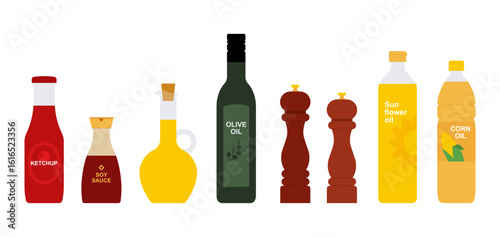 Ketchup, soy sauce, olive oil, corn oil, sunflower oil bottles with pepper grinder, set. Cooking condiment collection in flat style. Simple illustration, stock flat vector, isolated.