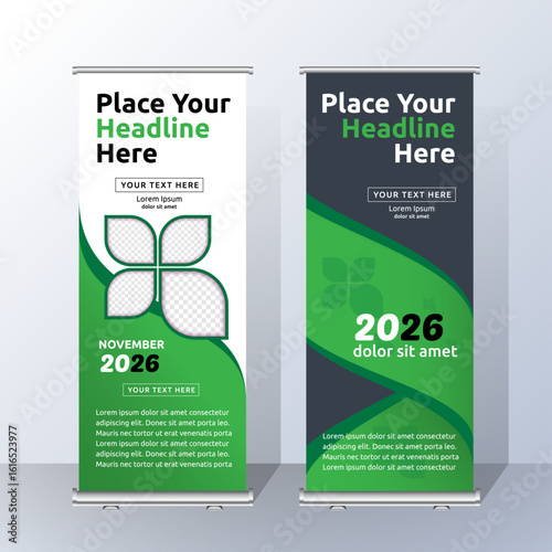 A customizable rollup and standee banner mockup template against a plain backdrop, suitable for professional design presentations and outdoor