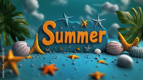 Bright Summer Display With Colorful Seashells and Tropical Elements on a Blue...