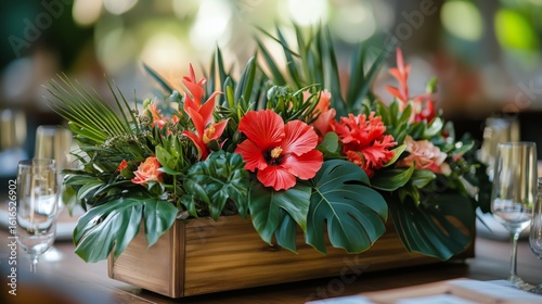 Bright Tropical Floral Centerpiece at a Festive Gathering in a Lush Garden Se...