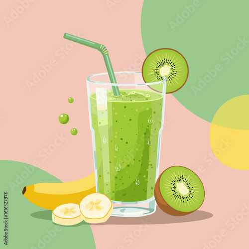 Green smoothie in glass with kiwi and banana on pastel background  