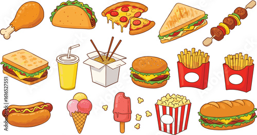 Colorful fast food illustration, burger, taco, fries, sandwich, hotdog, pizza, ice cream, drink, popcorn, noodle, cartoon style