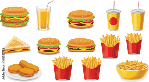 Fast food collection, burger, french fries, sandwich, nuggets, soda drink, juice, combo meal, vector illustration, delicious snack item