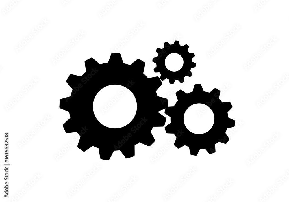 Three gears interlocked on a white surface showing a mechanical system and engineering concept design Three gears interlocked on a white surface showing a mechanical system and engineering concept design