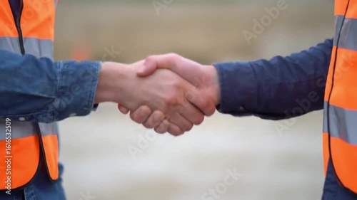 A close up of two construction workers shaking hands wearing safety vests and blue shirts