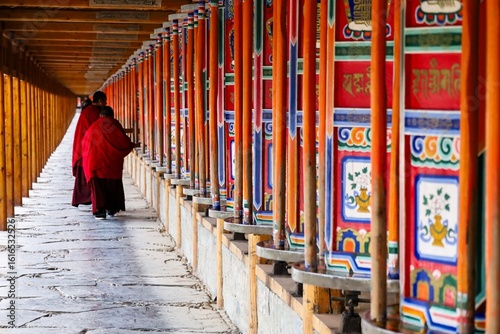 Monks walking along the world’s longest prayer wheel corridor at Labrang Monastery during the Butter Lamp Festival in historic Amdo region
