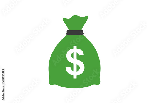 A green money bag with a white dollar sign and a dark band on a white plain surface view front