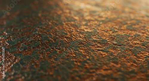 Detailed macro photography of a rustic oxidized copper surface with a textured green and brown patina background