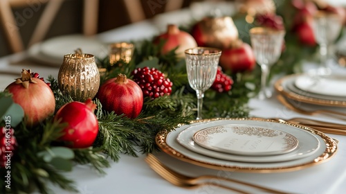 Elegant Autumn Table Setting With Pomegranates and Greenery.