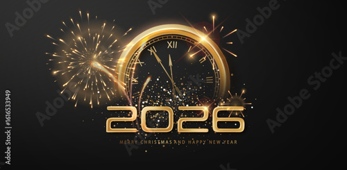 2026 New Year clock background. Fireworks and sparkles in festive night atmosphere. Celebration poster or wallpaper