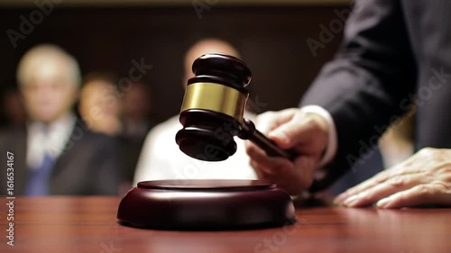 A hand holding a gavel above a sounding block in a courtroom with people in the background