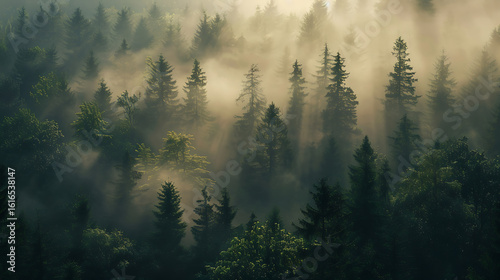 Sunbeams pierce misty evergreen forest creating serene, magical atmosphere perfect for nature lovers