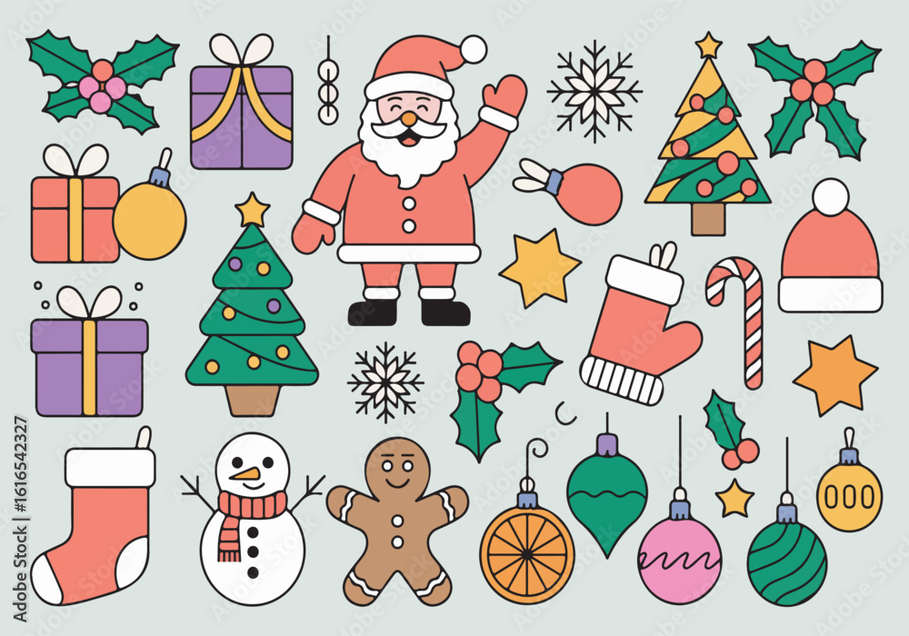 Fototapeta premium Colorful Cartoon Christmas Icon Set – Santa, Snowman, Gifts, and Decorations, Art & Illustration.