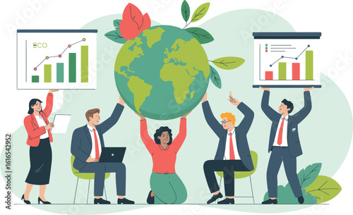 Diverse business team supporting sustainable growth and environmental responsibility together illustration