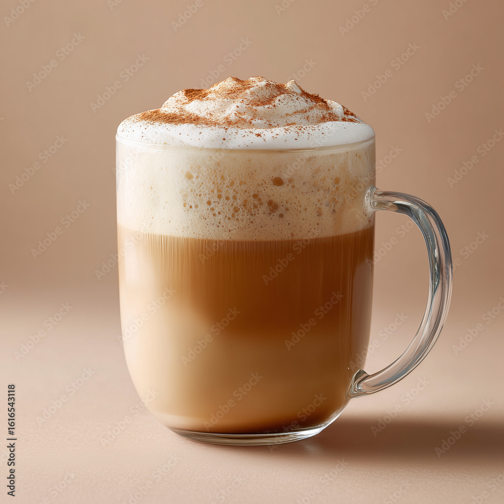 Obraz premium glass mug of frothy latte on beige background