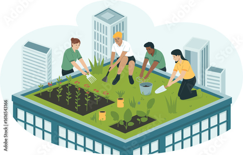 Diverse group of people gardening on a rooftop garden in the city