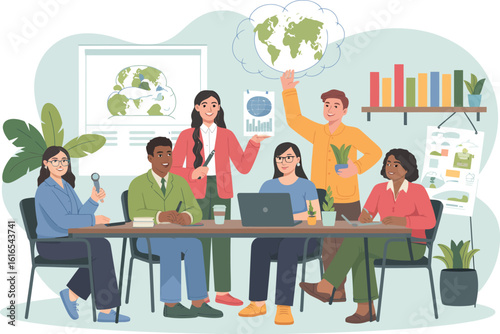 Diverse Team Meeting Discussing Global Sustainability and Environmental Issues in Office