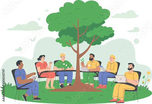 Diverse Team Meeting Outdoors Under Tree Discussing Sustainability and Environmental Responsibility