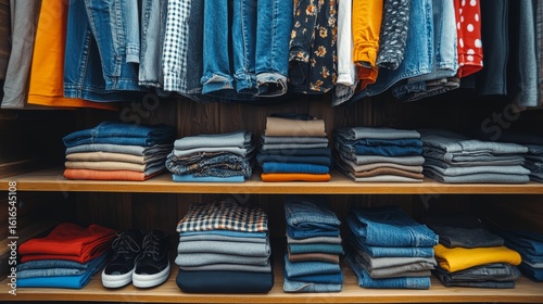 A perfectly organized wardrobe featuring neutral-toned clothing