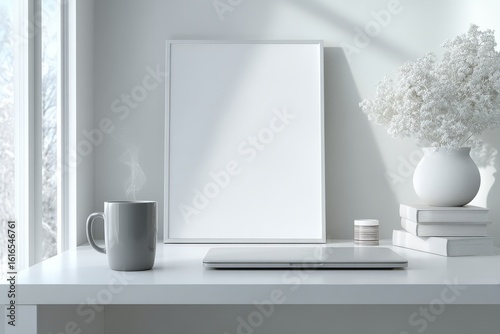 Minimalist white workspace with steaming mug and blank frame