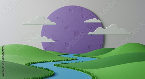 Cartoon Landscape with Green Hills, River, Clouds, and Purple Sun - 3D Rendered Illustration, Minimalist Background
