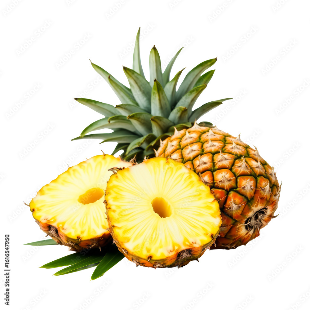 Realistic and Vibrant Close-Up of Two Pineapples — One Whole and the Other Cut in Half Showcasing Interior Realistic and Vibrant Close-Up of Two Pineapples — One Whole and the Other Cut in Half Showcasing Interior
