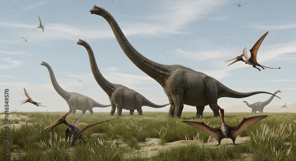 Naklejka premium A group of sauropods brachiosaurus grazing in a prehistoric landscape with pterodactyls flying in the cloudy sky above them