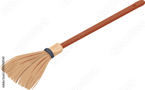 Isolated wooden broom with straw brush for sweeping and cleaning household floors