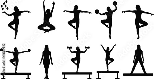 Female gymnast silhouette vector set, women doing balance beam and fitness poses, rhythmic gymnastics, dance, strength training, acrobatics, performance clipart for sport designsFemale 