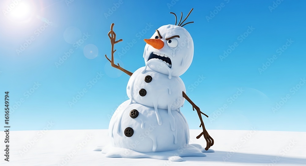 Obraz premium A furious snowman character is melting in the bright sunshine, expressing anger and frustration with the warm seasonal weather.