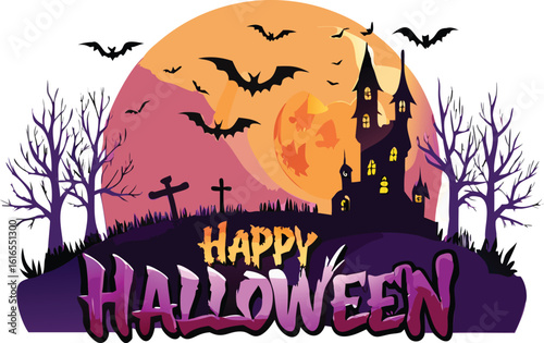 Spooky Halloween night with a haunted castle, a full moon, and silhouetted bats flying past a creepy tree and pumpkins, perfect for a dark autumn holiday illustration