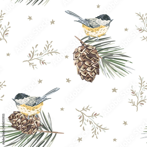Christmas seamless pattern, chickadee birds, twigs, pine cones, stars, white background. Vector illustration. Nature design. Season greeting. Winter Xmas holidays