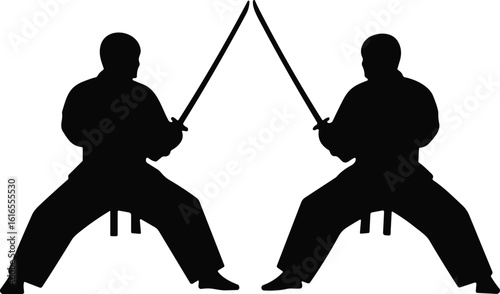 Sword combat silhouette duel, martial arts cartoon-style standoff pose, traditional weapon technique illustration, two-person training action scene for stock design