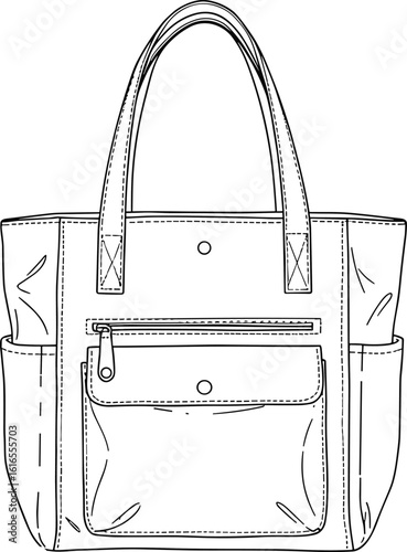Tote bag cad drawing flat vector illustration, multi-pocket design with button and zipper closures, structured fashion accessory sketch