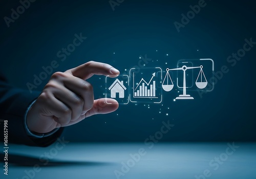 Businessman hand selecting digital icons of real estate investment market analysis and legal balance representing property law financial planning housing value and real estate management technology

