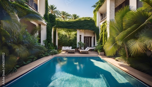 elegant courtyard with pool surrounded by tropical plants in sunny location