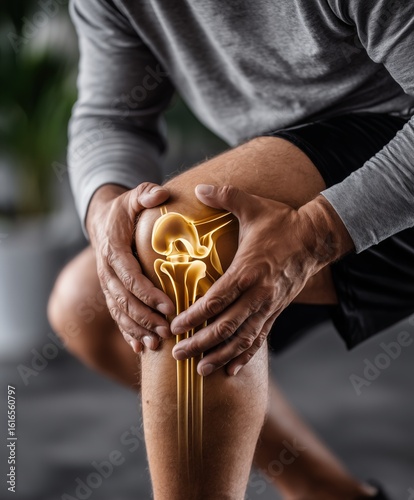 A person. male, man holds their knee, with an overlay of a skeletal structure highlighting the knee joint. The image emphasizes knee pain or a medical condition related to the knee.