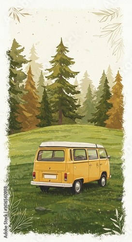 Yellow Campervan in Forest Illustration: Vintage Van parked on green grass meadow with Tall Fir trees in watercolor style. Nature Travel and Adventure concept