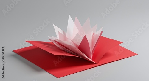 Red Paper Pop-Up Card: Abstract Origami Design on Gray Background. Craft, Paper Art, Handmade, Geometric Shapes, Creativity. Blank Greeting Card for Custom Message