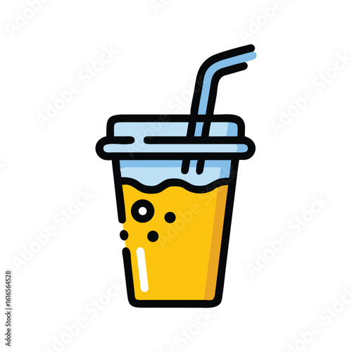 Stylized icon of a refreshing yellow beverage in a clear plastic cup with a blue lid and straw perfect for summer drinks
