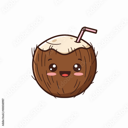 Cute cartoon coconut with straw and smiling face on white background  