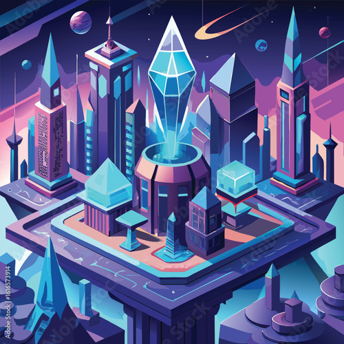 Isometric Futuristic Cityscape with Geometric Buildings and Space Elements Illustration